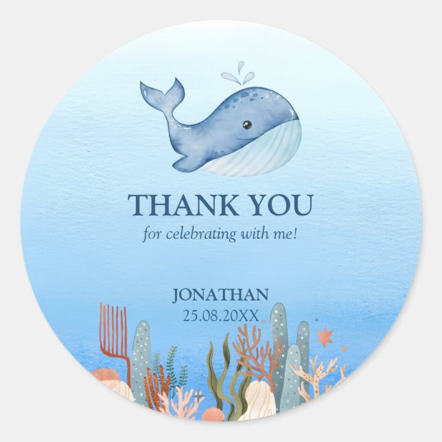 Sticker Rond Blue Sea Coral Reef Cute Whale Anniversaire Merci (Devant)