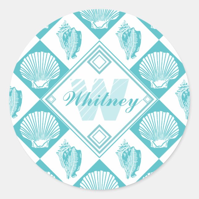 Sticker Rond Blue Seashell Diamond Nautical Beach Monogramme (Devant)