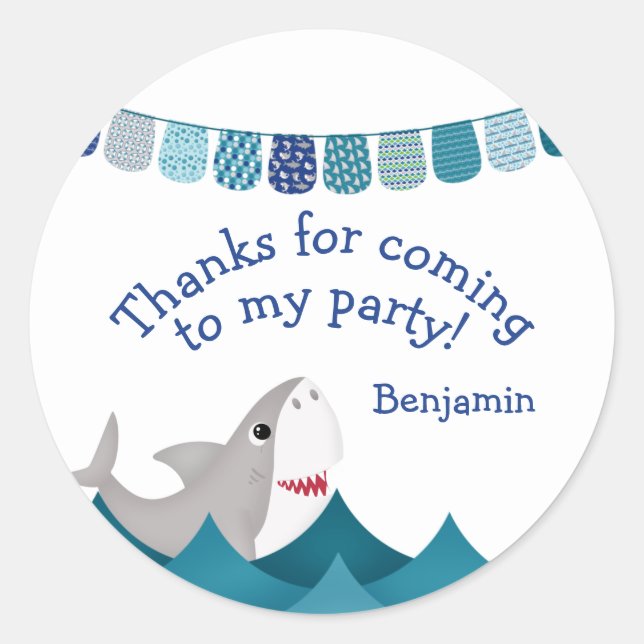 Sticker Rond Blue Shark Nautical Birthday Favoriser Merci (Devant)