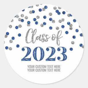 Sticker Rond Blue Silver Confetti Graduation 2023