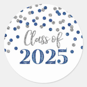Sticker Rond Blue Silver Confetti Graduation 2025