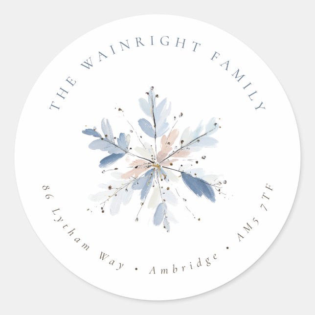 Sticker Rond Blue Snowflake Holiday Family Adresse de retour (Devant)