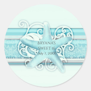 Sticker Rond Blue Starfish Elegant Beach Wedding Favor