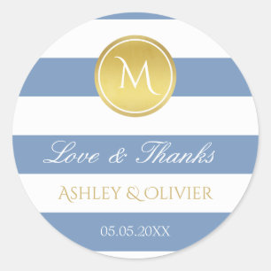 Sticker Rond Blue Stripes & Faux Gold Monogram Amour & Merci