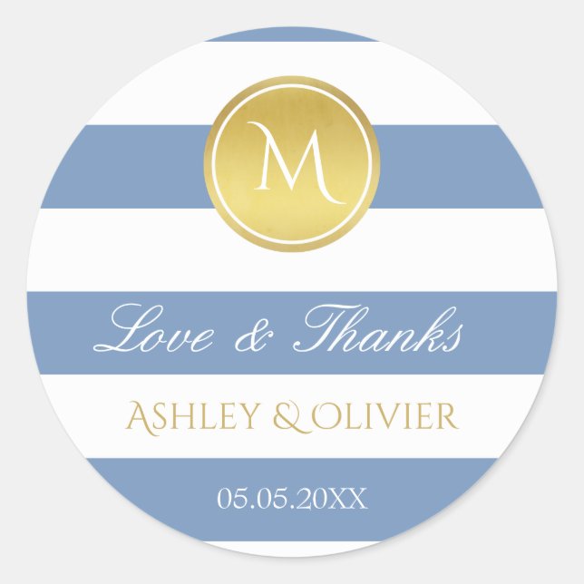 Sticker Rond Blue Stripes & Faux Gold Monogram Amour & Merci (Devant)