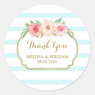 Sticker Rond Blue Stripes Gold Rose Floral Wedding Favor Tags