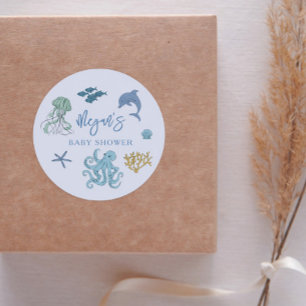 Sticker Rond Blue Summer Ocean Baby Shower Favoriser