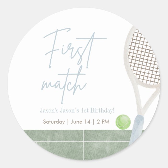 Sticker Rond Blue Tennis First Birthday Preppy Boy Party Round (Devant)