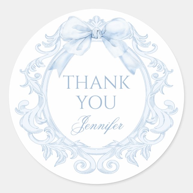 Sticker Rond Blue Toile Bow Frame Baby Boy Shower Thank You (Devant)