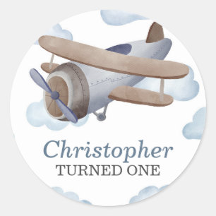 Sticker Rond Blue Vintage avion fête d'anniversaire