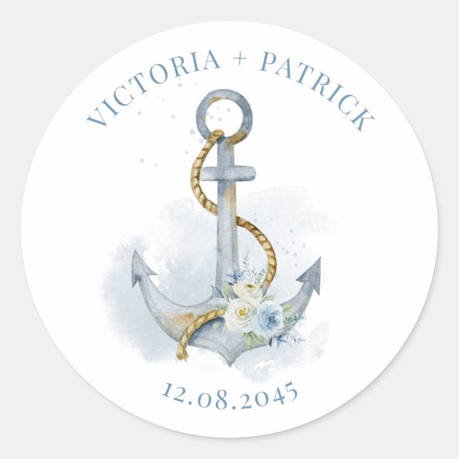 Sticker Rond Blue Watercolor Floral Anchor Nautical Wedding (Devant)