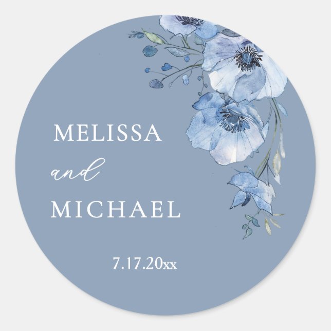 Sticker Rond Blue Watercolor Flowers Wedding (Devant)