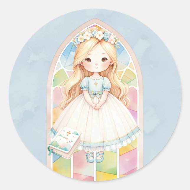 Sticker Rond Blue Watercolor Girl 1st. Communion (Devant)