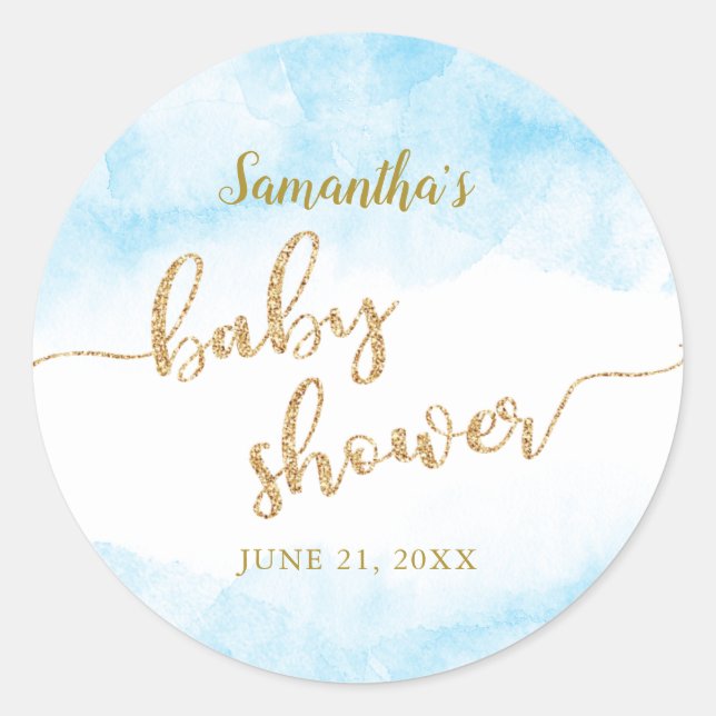 Sticker Rond Blue Watercolor Gold Parties scintillant Baby show (Devant)
