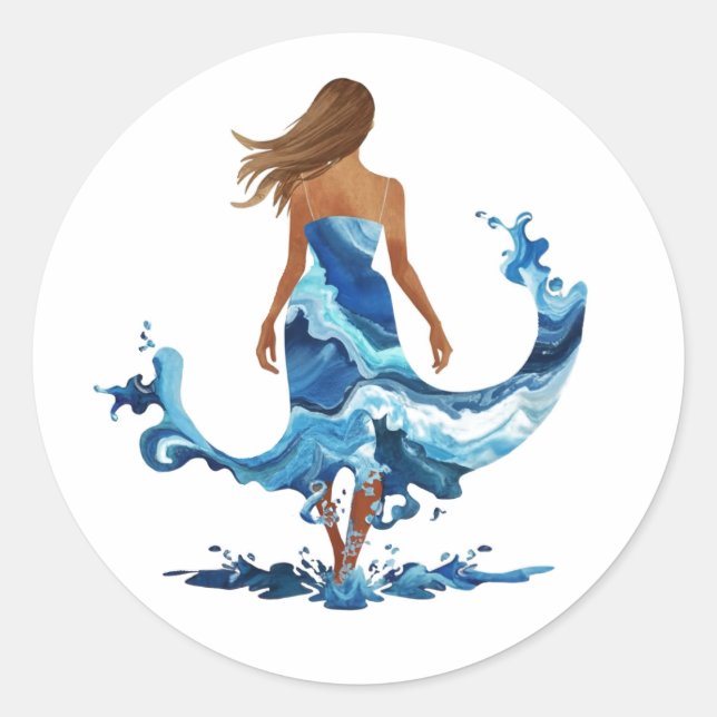 Sticker Rond Blue Waves Ocean Girl (Devant)