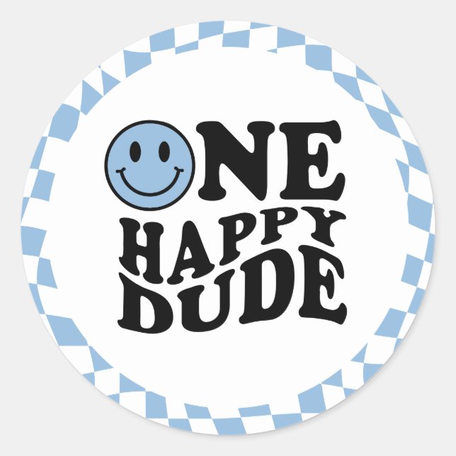 Sticker Rond Blue Wavy À damiers Preppy Smile One Happy Dude (Devant)