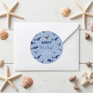 Sticker Rond Blue Whale AHOY C'est un Baby shower garçon