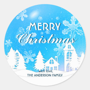 Sticker Rond Blue White House Snowflakes Noël Bonne année
