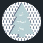 Sticker Rond Blue White Oh What Fun Christmas Tree Motif<br><div class="desc">Design moderne de Noël avec motif bleu sapin de Noël et texte "Oh What Fun" sur le sapin bleu de Noël. Si vous avez besoin d'aide ou de produits correspondants,  contactez-nous par l'intermédiaire de notre magasin.</div>
