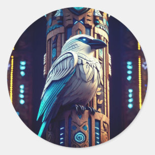 Sticker Rond Blue White Raven 2