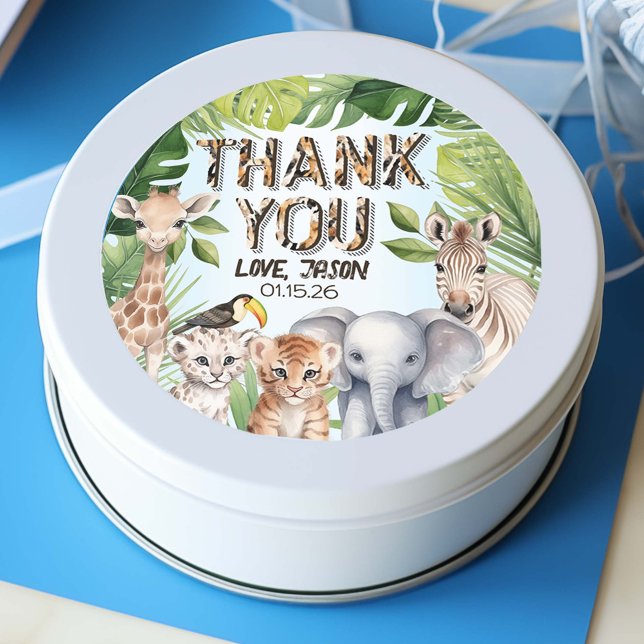 Sticker Rond Blue Wild One Jungle Animaux Merci en faveur (Safari themed birthday thank you stickers)