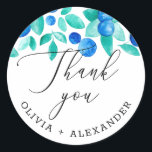 Sticker Rond Blueberries vous remercie. Mariage de baies de boi<br><div class="desc">script mariage merci sticker avec des bleuets de bois aquarelle.</div>