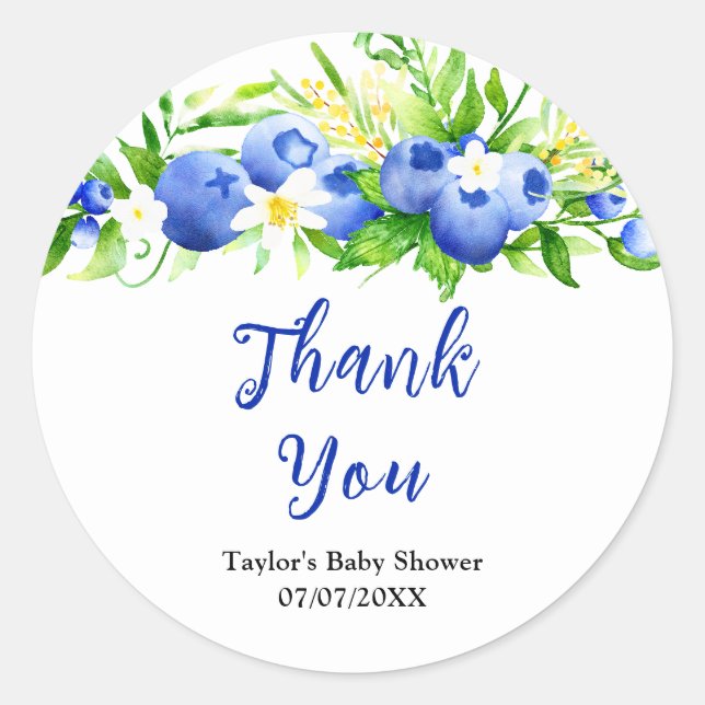 Sticker Rond Blueberry Floral Baby Shower Thank You (Devant)