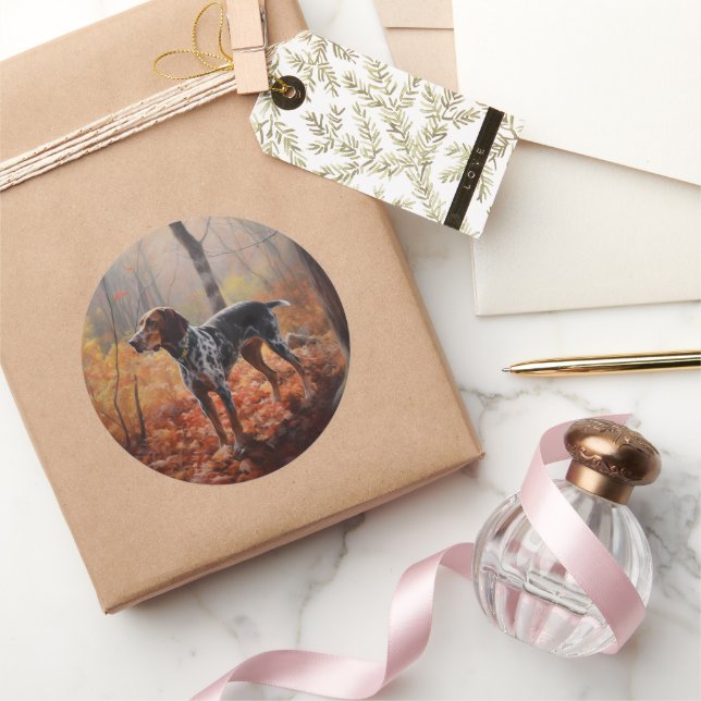 Sticker Rond Bluetick Coonhound en automne Leaves automne Inspi (Cadeaux)
