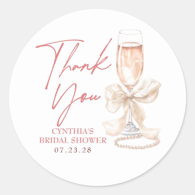 Sticker Rond Blush Cream Bow Prosecco Remerciements de Mariage (Devant)