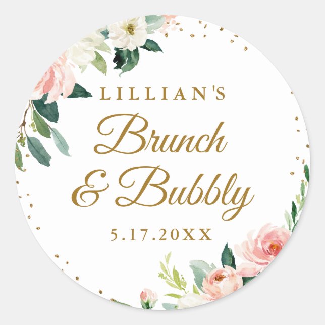 Sticker Rond Blush Doré Floral Brunch Et Bubbly (Devant)