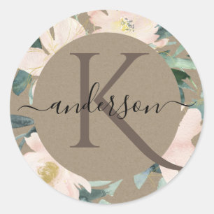 STICKER ROND BLUSH DORÉ KRAFT FLORAL AQUARELLE MONOGRAMME RUSTI