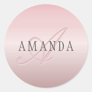 Sticker Rond Blush Élégant Faux Or Rose Nom et Monogramme