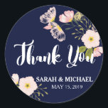 Sticker Rond Blush Floral Gold Frame Marine Blue Custom Wedding<br><div class="desc">Ces adorables stickers de faveur de mariage ont un joli look aquarelle rose et or bleu fleurs et design feuille vert,  avec la typographie qui dit "merci".</div>