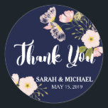 Sticker Rond Blush Floral Gold Frame Marine Blue Custom Wedding<br><div class="desc">Ces adorables stickers de faveur de mariage ont un joli look aquarelle rose et or bleu fleurs et design feuille vert,  avec la typographie qui dit "merci".</div>