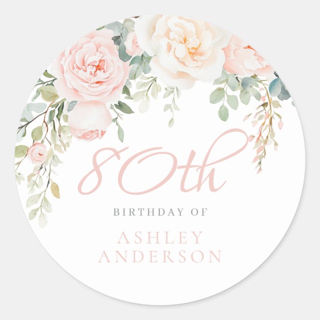 Sticker Rond Blush & Ivory Flowers 80e fête d'anniversaire (Devant)