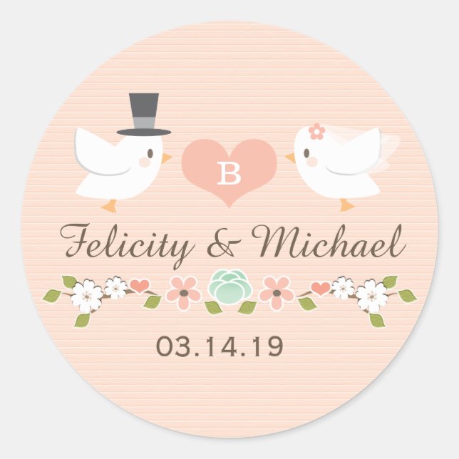 STICKER ROND BLUSH MONOGRAMMED DOVE INSÉPARABLES MARIAGE (Devant)