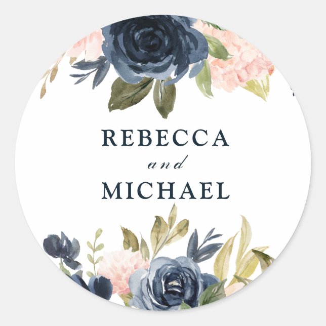 Sticker Rond Blush & Navy Flowers Mariage ou partie d'engagemen (Devant)