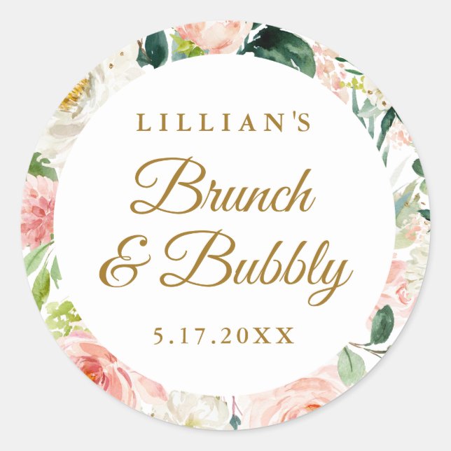 Sticker Rond Blush Or Floral Brunch Et Bubbly (Devant)