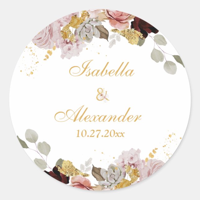 Sticker Rond Blush Peony & Gold Burgundy Floral Mariage (Devant)
