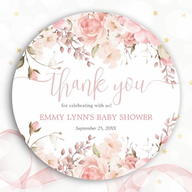 Sticker Rond Blush Pink Baby In Bloom Baby Shower Thank You  (Blush Pink Baby In Bloom Baby Shower Thank You Classic Round Sticker)