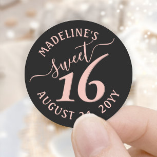 Sticker Rond Blush Pink Black Sweet 16e fête d'anniversaire Fav