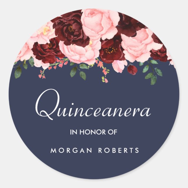 Sticker Rond Blush Pink Bourgogne Floral Navy Blue Quinceanera (Devant)