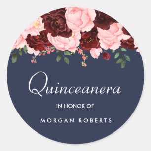 Sticker Rond Blush Pink Bourgogne Floral Navy Blue Quinceanera