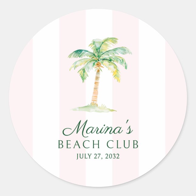 Sticker Rond Blush Pink Cabana Stripes Palm Beach Club Favor (Devant)