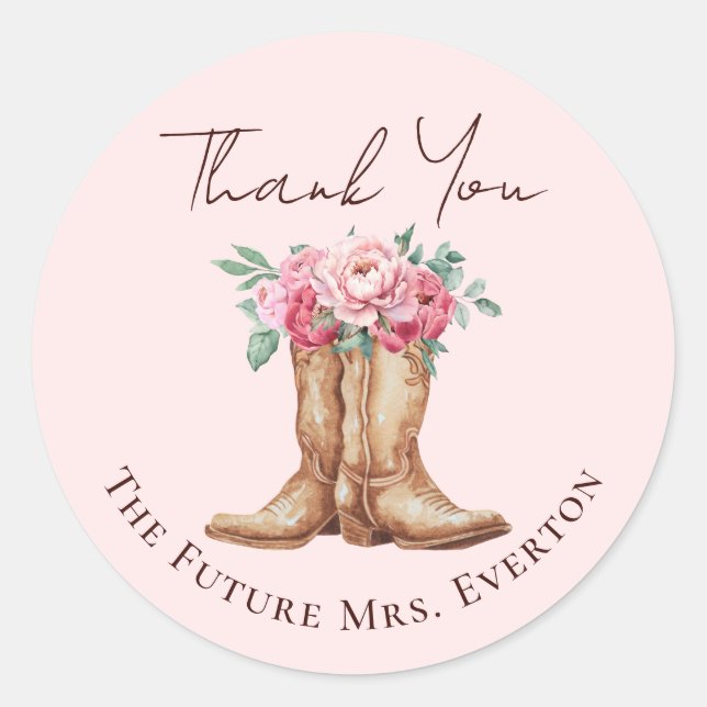 Sticker Rond Blush Pink Floral Cowgirl Bridal Shower Thank You (Devant)