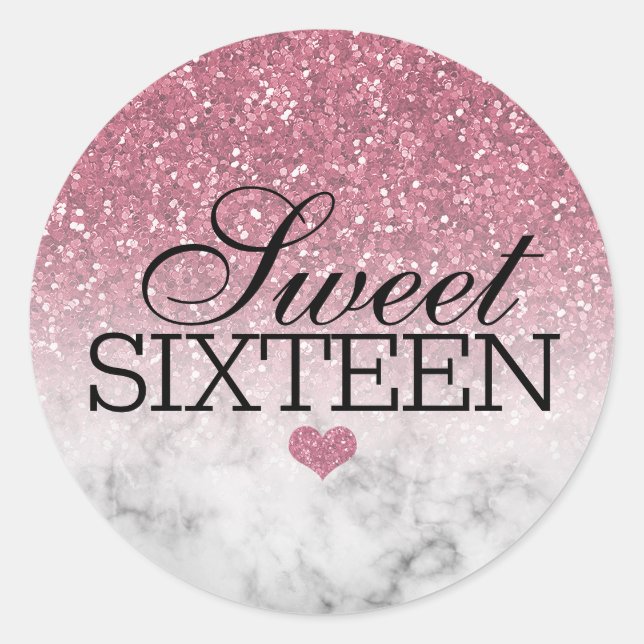 Sticker Rond Blush Pink Glitter/Marble Sweet 16 (Devant)