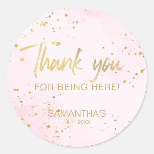 Sticker Rond Blush Pink & Gold Confetti Sweet 16 Thank You (Devant)