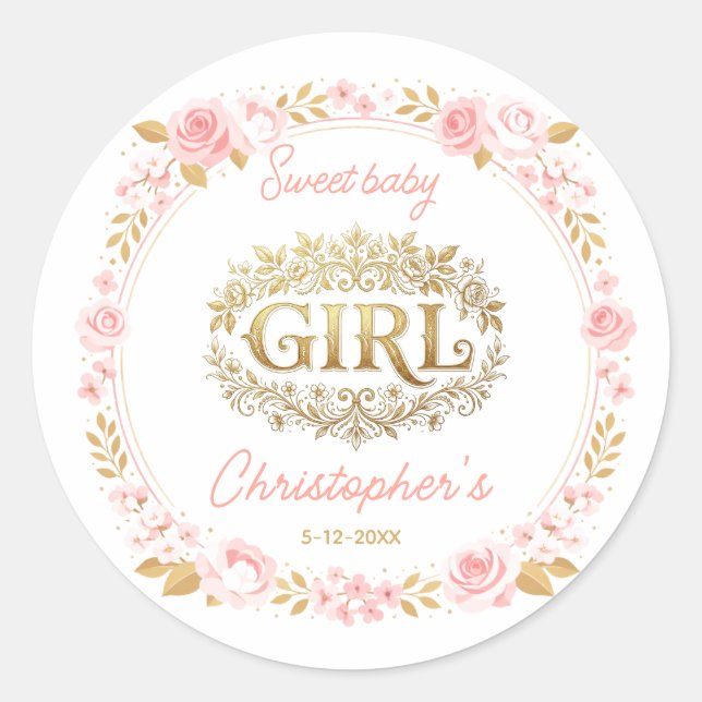 Sticker Rond Blush Pink & Gold Floral Girl Baby Shower (Devant)