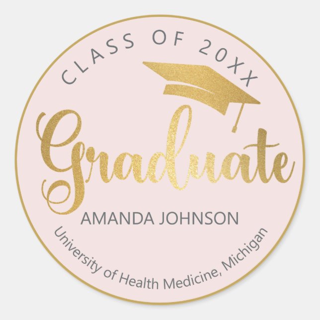 Sticker Rond Blush Pink Gold Graduate Name Graduate (Devant)