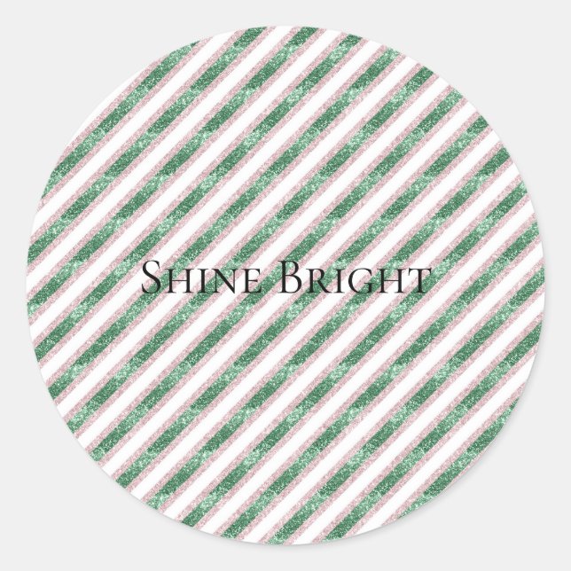 Sticker Rond Blush Pink Green Glitter Stripes Christmas   (Devant)